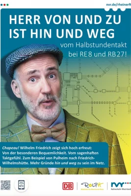 Werbemotiv für den Nahverkehr Rheinland – charismatisches Männerportrait mit Mütze und Fliege, fotografiert von nonverbal Businessfotografie in Köln.
